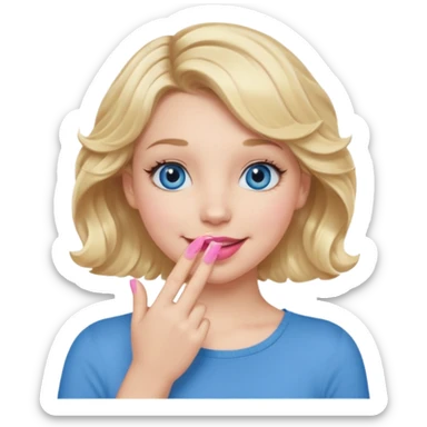 Girl Blonde short wavy hair,  blue eyes, cute blue top, long lashes, pink lips, smiling, hand covering the mouth sticker