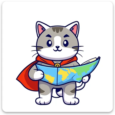 Explorer cat with map in paws, mountains and starry sky background, wearing explorer outfit with flowing cape, gazing at horizon sticker