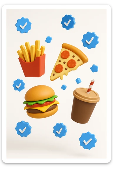 fast food fluttua in aria insieme a spunte di verificato in 3d, sfondo bianco sticker
