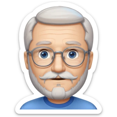 Create me an emoji of an old man. Gray really short size hair. Gray follow-up full beard. Squarer Glasses. Blue eyes. Little smile sticker