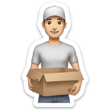 Pale skinned fit Man with dark brown hair in a white cap, gray jeans and gray polo T-shirt keeping a pasted box into his hands sticker
