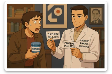 fai un webtoon manga a colori con questo stile, in cui un uomo fa una domanda al kinesiologo con il camice bianco (fagli anche la scritta "ANTONIO ANANIA" SUL CAMICE, l'uomo chiede una cosa mostrando un formaggio e uno yogurt al kinesiologo con il camice, IL KINESIOLOGO annuisce e SPIEGA ALL'UOMO UNA cos. L'UOMO ha un ESPRESSIONE CONFUSA IN VOLTO. non fare i fumetti però, fai solo in modo che sembri stiano parlando sticker