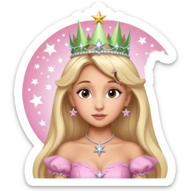 glinda the good witch from wicked movie (ariana) blonde hair, beautiful, big silver thin tiara, star wand, pink gown sticker