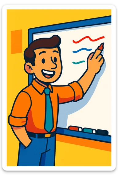 cheerful male teacher writing on a white board, cartoon style, vibrant colors sticker