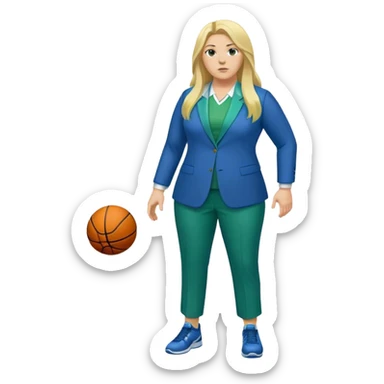 Full Body white plus size female basketball head coach with long blonde hair in a blue and green suit sticker