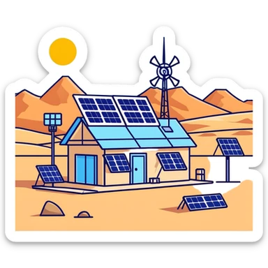 Desert outpost with solar panels and antennas sticker