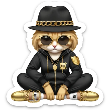 female cat dressed like Run DMC with tracksuit, fedora, Adidas shoes, dark sunglasses, lots of gold chains, rings, bracelets, earrings, lying on the ground, distressed and crying sticker