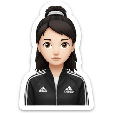 A girl with  medium length, dark hair, fair skin. The style is a layered cut that falls around her shoulders. wore black Adidas track jacket with white stripes on the sleeves. It has a full zipper down the front, a stand-up collar, and the Adidas logo on the right chest emoji sticker