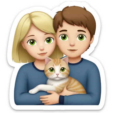 Blonde green eyed girl and brown Hair green eyed boy in love hugging a yellow eyed grey scottish fold cat sticker