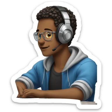 young men sitting in front of a computer with headphones on sticker