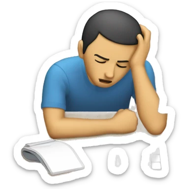 Create a simple, emoji-style image of a person with their head resting on a desk, indicating frustration or exhaustion. The person should have short hair, be wearing casual clothing, and the desk should be a plain wooden surface. In front of computer sticker