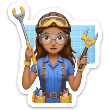 beautiful girl with long brown hair constructing new bathroom area with new shower and amenities  sticker