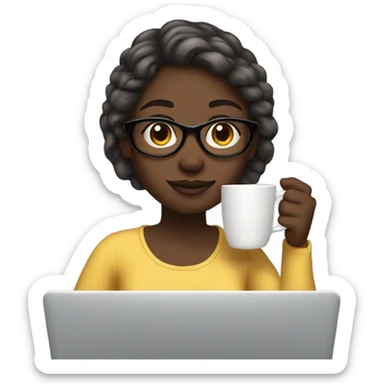 a clean girl drinking her hot coffee at in front of her laptop, she has black skin sticker