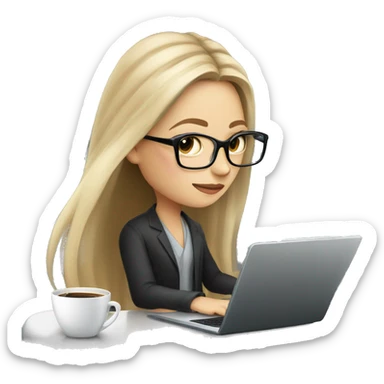 a long haired blond girl with black thick glasses using a laptop, drinking coffee and a grey cat sticker