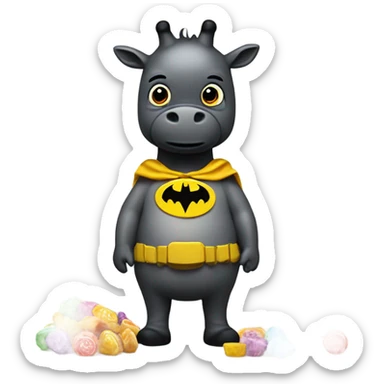 An out of shape and fat rainbow Batman that is a giraffe is hiding assorted candy  sticker