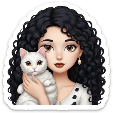 Girl with long curly black hair with makeup on holding a white cat with some brown and black spots  sticker