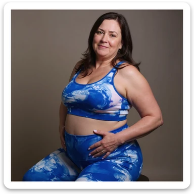 Realistic style woman in sportswear inspired by the reference photo, sitting with a curved back and hands on her bloated belly, showing discomfort, neutral background. sticker