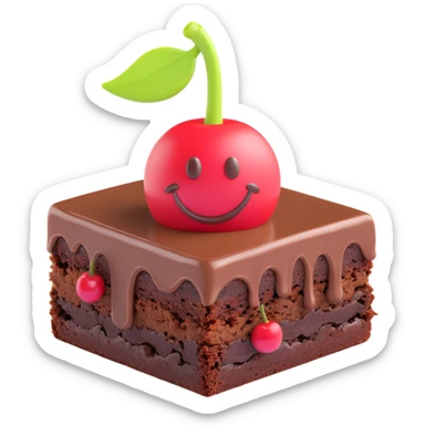 3D chocolate brownie with a smiley face, realistic depth, with a cherry on top, emoji style sticker