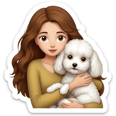 A beautiful olive skinned girl with long flowy brown hair, hugging a white bichon frise sticker