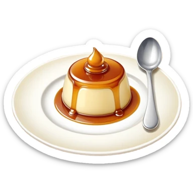 Cute Japanese style pudding with glossy caramel top, on a white plate with a silver spoon, checkered tablecloth background sticker