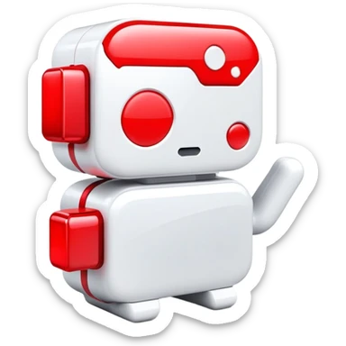A sleek 3D icon of an AI assistant with glowing red elements, chat bubbles, and subtle YouTube play button integration, white background, modern tech style sticker