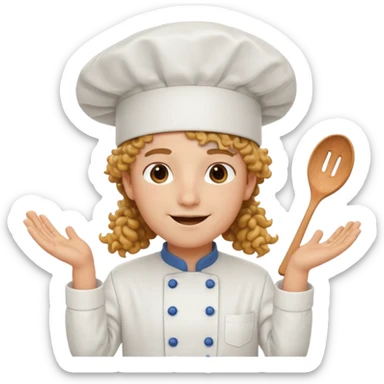 Long curly hair, happy, wearing chef uniform and chef hat sticker