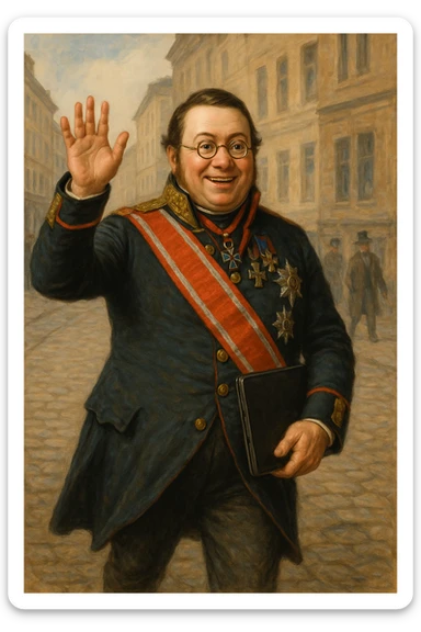 Павел Николаевич Демидов идёт с закрытым ноутбуком по улице города 19 века в руках улыбается и машет рукой вперед, рисованный стиль sticker