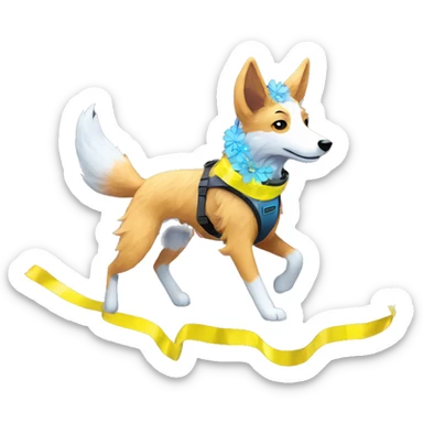  brindle fluffy lurcher fox running blue eyes fluffy ears and holographic harness wearing paper flower crown yellow caution tape neon sign sticker