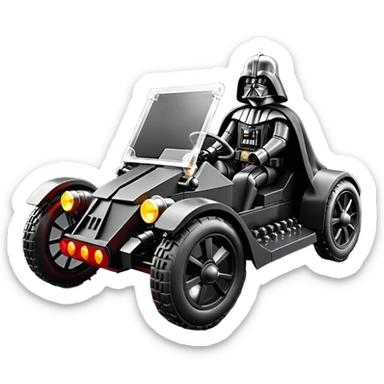 Mad max survival apocalypse ghostly sporty antique electric Darth Vader’s Batman-armored 1926 black graphite colored enclosed twin seat Lego town buggy with horizontal holographic 3d stars painted on the body sides and neon under glow  sticker