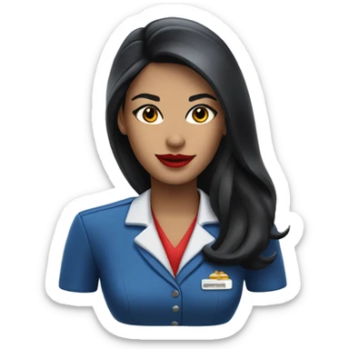 Flight attendant with long black hair, red lips and a blue uniform sticker