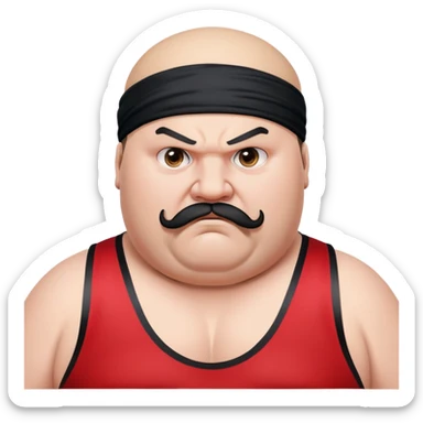 Extreme close-up of face of morbidly obese white skin guy with young face, prominent BLACK DURAG tied clearly on head, distinct black beard and mustache, black eyes in a red and black wrestling singlet with angry expression sticker