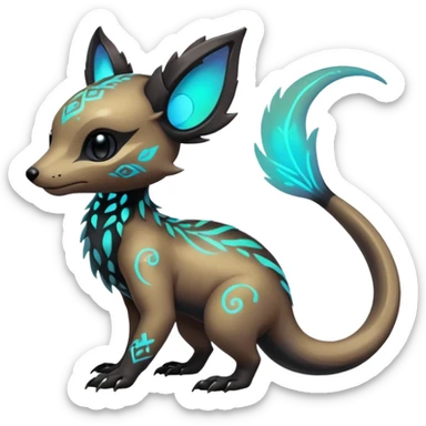 Rare futuristic bioluminescent iridescent neon glowing cute epic aesthetic gothic colorful Salandit-Eevee-Trico-Civet-species-Fakemon-hybrid-creature, with intricate tattoo markings, full body sticker