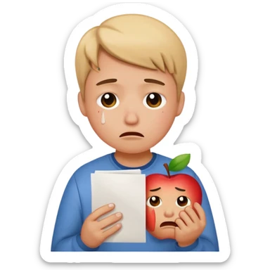 emoji student sad holding paper IELTS 5.5, crying, failure, white background, apple emoji style sticker