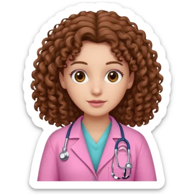 médica, cabelo castanho, pele branca, cabelo cacheado, cabelo comprido, roupa rosa sticker