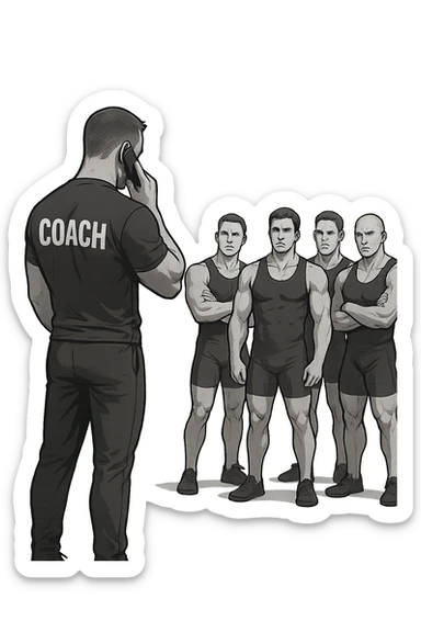 a bodybuilding coach is seen far away on the sidelines, partially turned away from the team or group, engaged in another activity (like reading, texting, or talking on the phone), while the athletes look toward them for support or instruction. The distance between coach and team is visually clear, symbolizing lack of presence. in italiano sticker