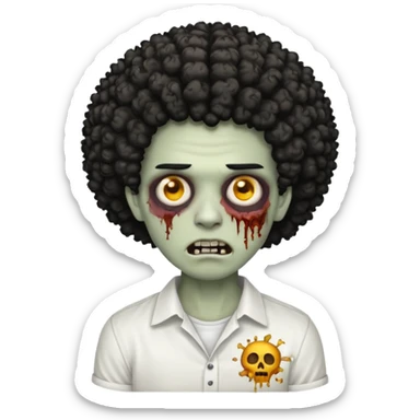 Make a image of a zombie with a curly temp fade Afro  make it like a emoticon not as scary make hair black and with a white shirt on sticker