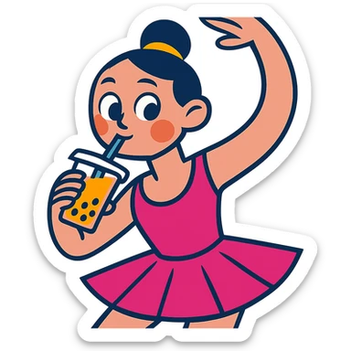 a ballerina drinking boba, fun and expressive style, vibrant toon style, playful and colorful sticker