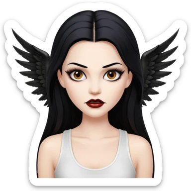 White woman with a white tank top long black hair glossy middle part long hair vamp look with fangs brown eyes eyeliner winged with lashes top and bottom white border big lips black eyebrows sticker