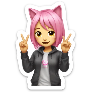 Anime cat girl pink hair giving peace sign sticker