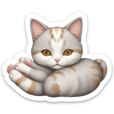 grey and white small cat with eyes closed lying down upside down with its paws/arms tightly covering its own face sticker