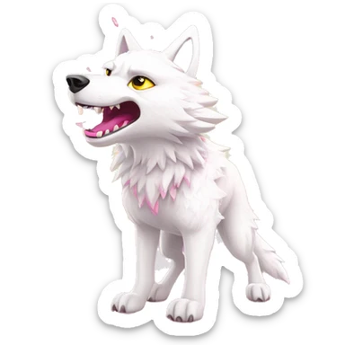 Sparkling crazy white snarling aggressive wolf dancing snow mad big eyes illustration doodle high contrast lightning bolt halo sun beams white pink yellow red party sparkle glitter sticker