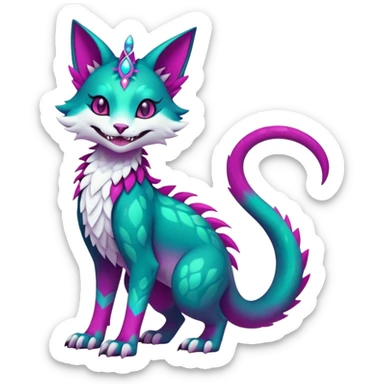 Kawaii colorful iridescent dark-turquoise-green and magenta and white beautiful pretty elegant divine edgy fantasy feline-vernid-sergal-Fakémon-Pokémon-fursona-animal-creature with accessories, full body, with intricate detailed markings sticker