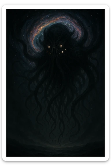 gigantic eldritch horror looming from a rift in the sky, swirling colors and stars, otherworldly and menacing, cosmic horror illustration sticker