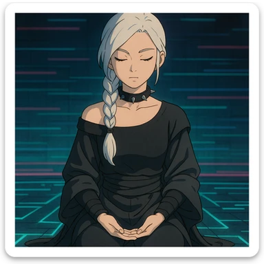  a closeup portrait of young woman with gold yellow eyes, white hair, long braid, black off-shoulder top, punk gothic style, futuristic cyberwave cyberpunk,  jedi attire, kneeling and gathering chi, jedi meditate, eyes closed hands at full rest sticker