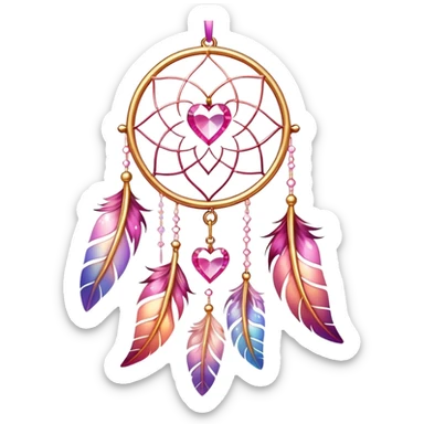 Reddish-pinkish and golden warm-colored romantic lush beautiful pretty hanging crystal-catcher aesthetic with hearts and sparkles and feathers sticker