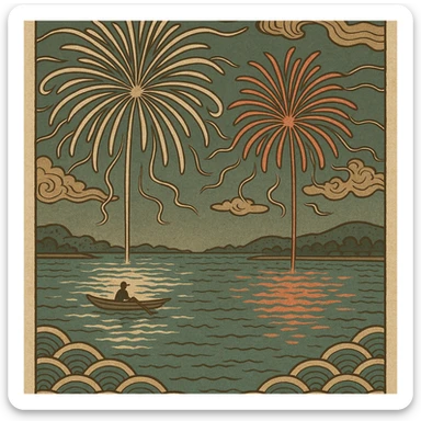 ukiyo-e inspired fireworks over water in traditional Japanese style sticker