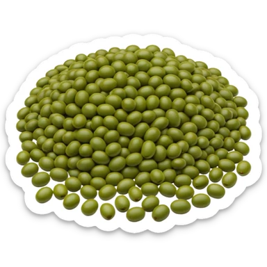 mung beans, scatter or mound, whole, oval, glossy, earthy green, brown undertones, smooth, firm, size and tone variation, no bowl, sprouts, packaging, or faces, clean 3D, soft shadows, transparent background, emoji scale sticker