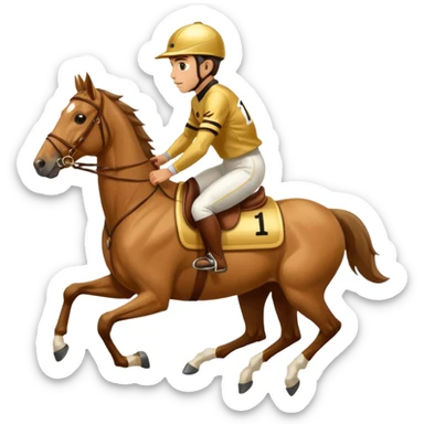a jockey riding a running horse gold jersey and saddle number 1 sticker