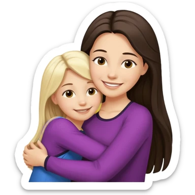 A beautiful mother with long dark brown hair hugging her cute 12yr old blonde hair daughter super happy sticker