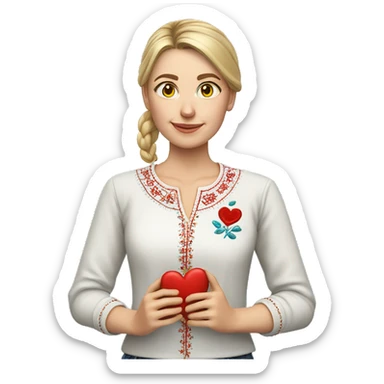 A Ukrainian teacher in an embroidered shirt holds a heart in her hands sticker